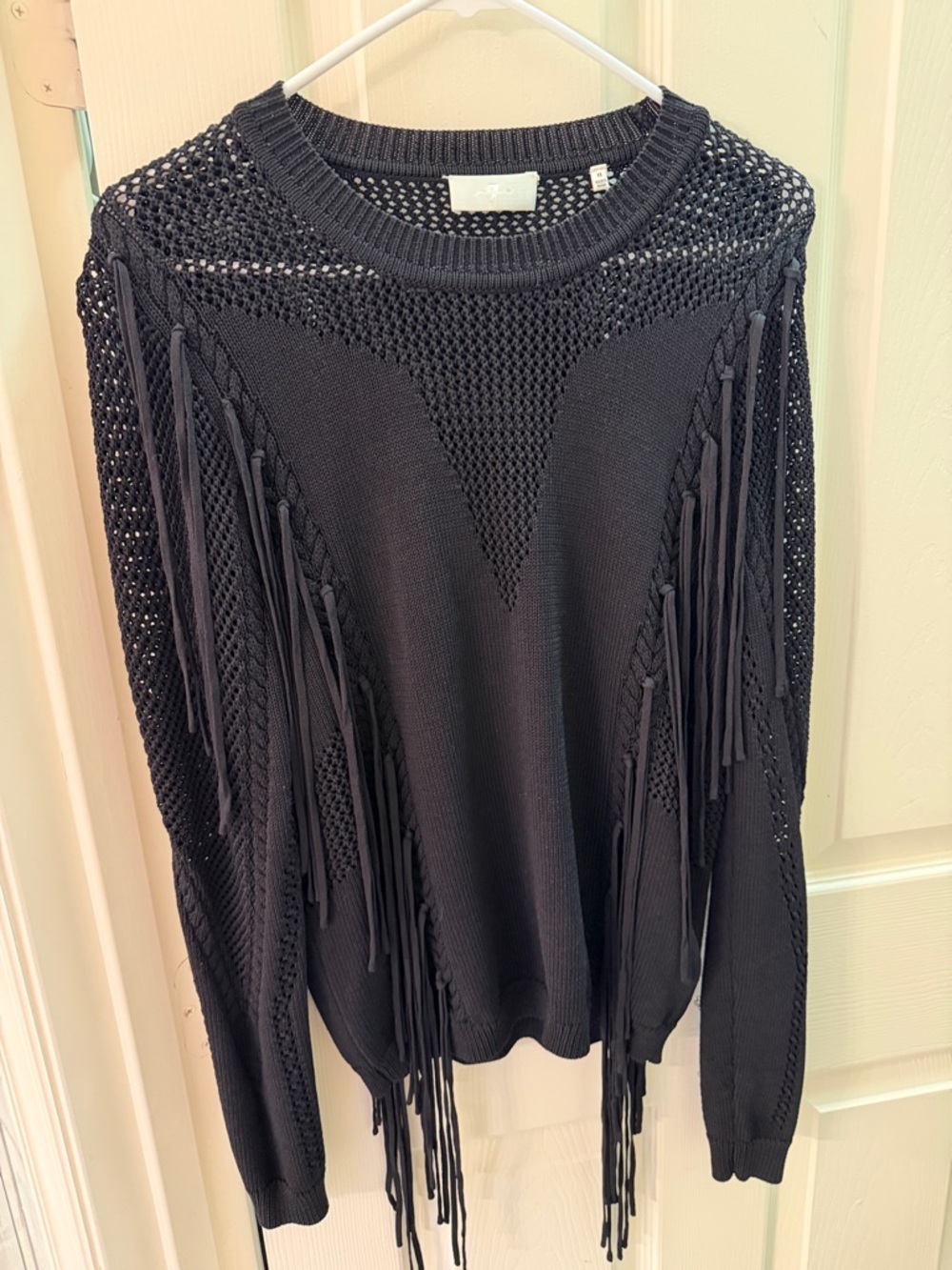 7 For All Mankind Black Open-Knit Fringe Sweater